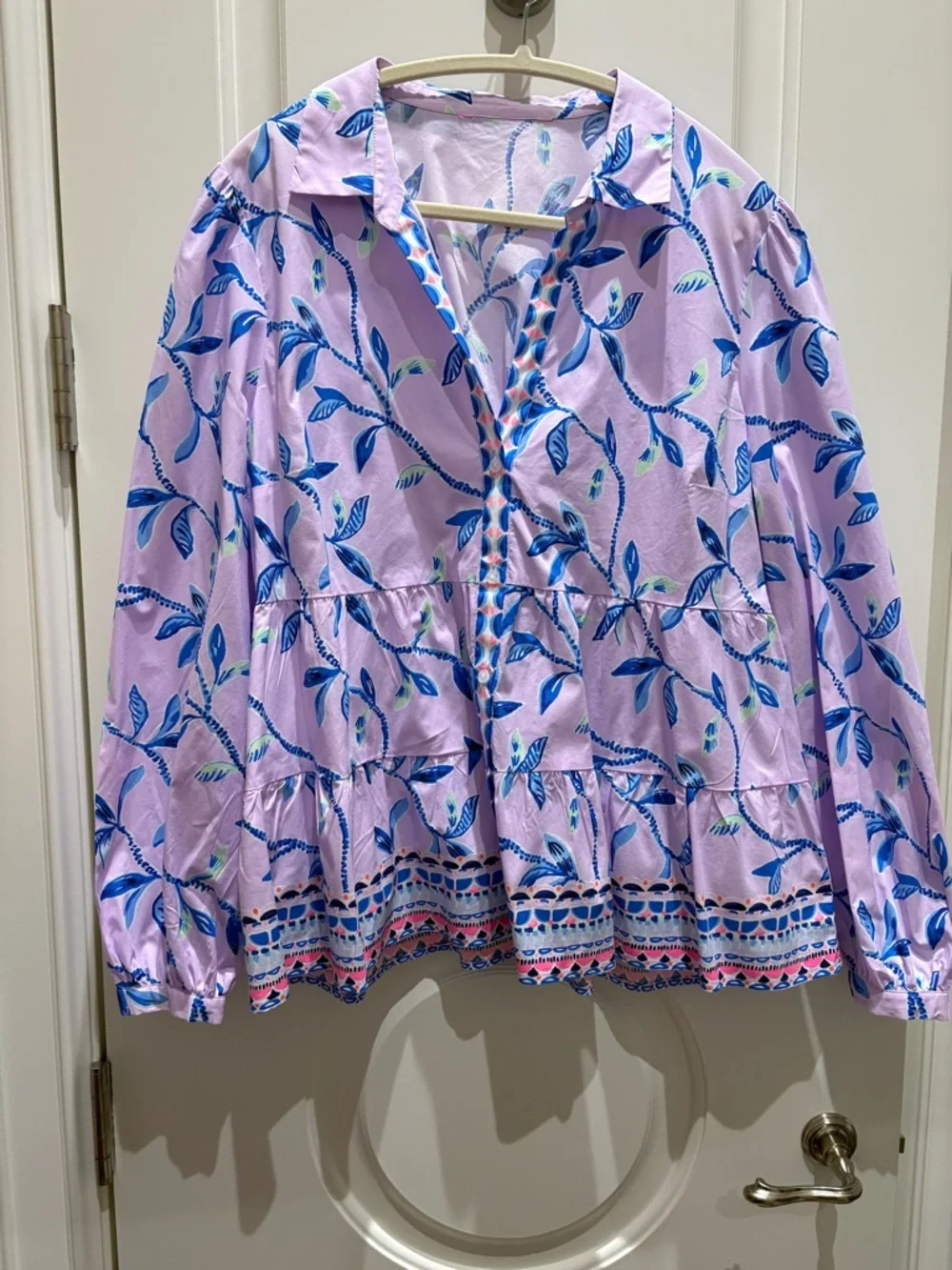 Lilly Pulitzer Lilac Floral Button-Front Blouse with Blue Leaf Print - Picture 1 of 3